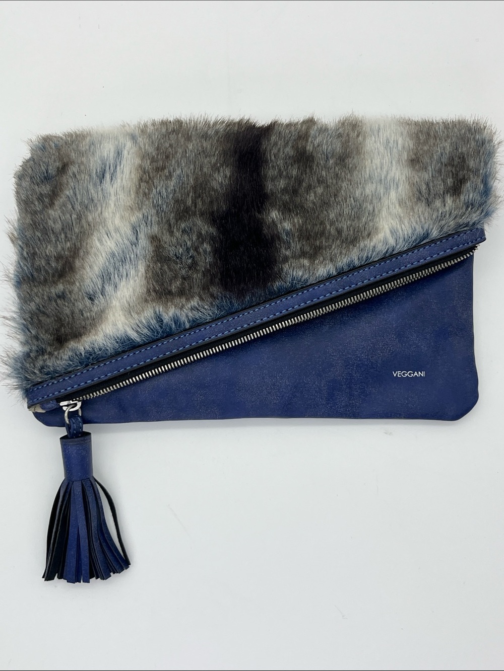 VEGGANI Blue Faux Fur Fold-Over Clutch